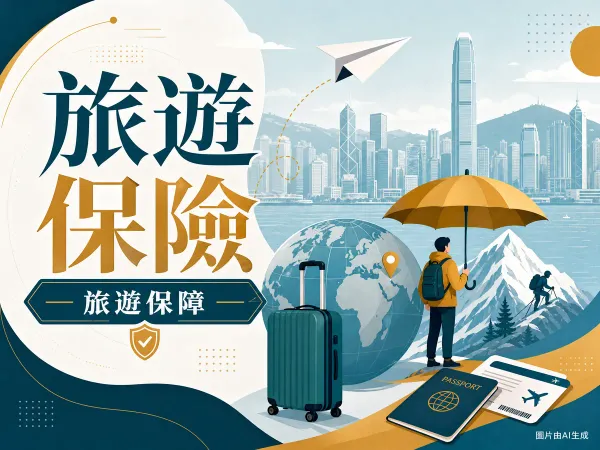 旅遊保險比較的編輯插畫，含飛機、行李箱、地球、保障雨傘與香港維港天際線