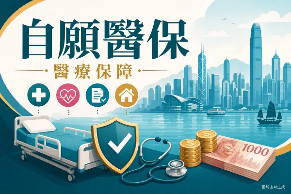 自願醫保醫療保障插圖：香港城市天際線、病床、醫療盾牌、聽診器與港元硬幣