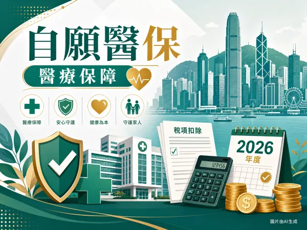 萬通稅優選自願醫保插圖：醫療保障盾牌、醫院、稅項扣除表與香港城市景觀