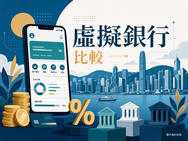 虛擬銀行比較插圖：智能手機網上銀行、硬幣、百分比與香港城市景觀