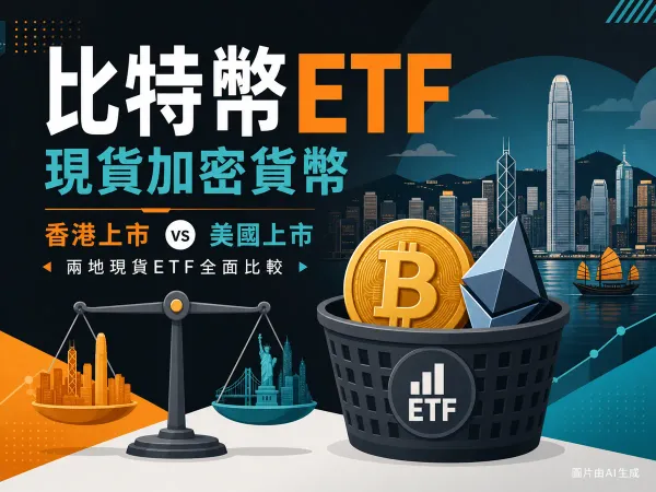 香港比特幣以太幣現貨ETF示意圖：比特幣金幣、以太幣寶石、ETF基金籃與天秤，香港維港天際線
