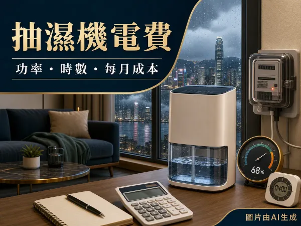 抽濕機電費封面：抽濕機、水箱、濕度計、電錶和計算機