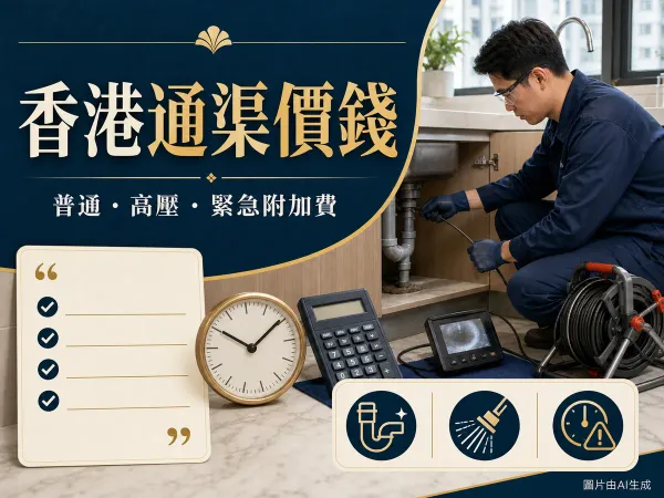 香港通渠價錢封面：技師檢查去水渠、專業工具、時鐘和報價表