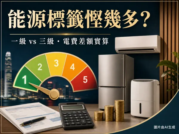能源標籤慳電比較封面：一至五級效率錶、冷氣、雪櫃和抽濕機
