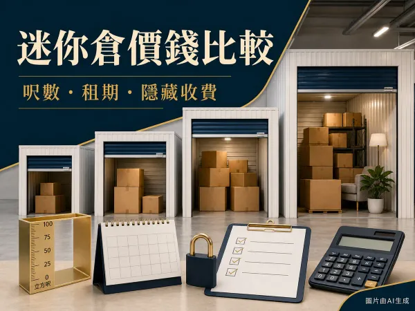 迷你倉價錢比較封面：不同大小迷你倉、紙箱、月曆和計算機