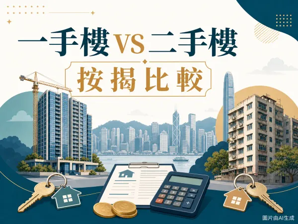 一手樓與二手樓按揭比較插圖：一手樓 VS 二手樓、香港新建住宅、舊式屋苑、按揭文件、計算機及鎖匙
