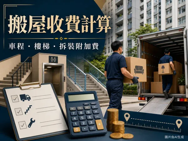 搬屋收費計算封面：搬運工人、貨車、升降機、樓梯和計算機