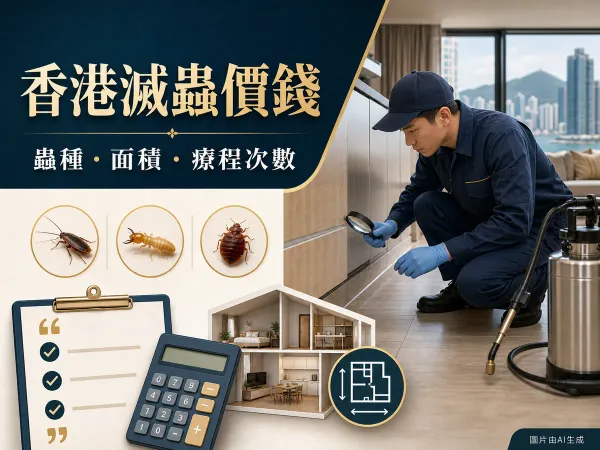 香港滅蟲價錢封面：技師檢查家居、常見害蟲圖示和報價計算機