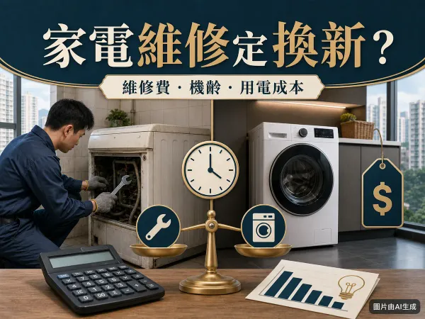 家電維修定換新封面：舊洗衣機維修、新機、天秤和計算機
