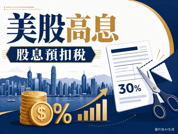 美股高息股與派息ETF示意圖：金幣、股息增長圖、剪刀裁走預扣稅，香港維港天際線