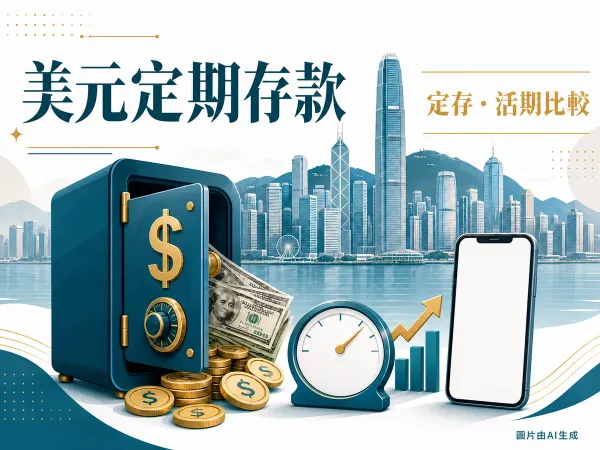 美元定期存款與活期存款比較插圖：美元紙幣、金庫、時鐘、手機與香港維港天際線