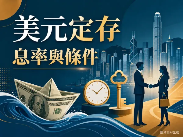 美元定存息率及條件插圖：香港維港天際線、美元紙幣摺成紙船、時鐘、鑰匙及客戶與經理對接；附圖片由AI生成標示。