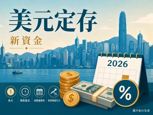 美元定存插圖：維港天際線、美元鈔票、硬幣、2026年月曆及百分比符號。