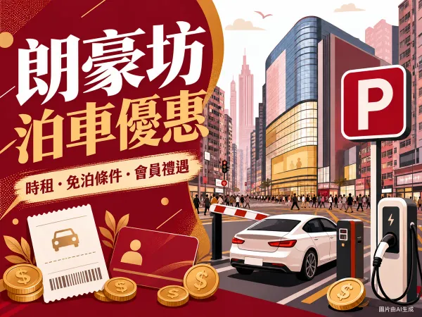 朗豪坊泊車優惠插圖：旺角商場街景、汽車、泊車閘杆及會員卡，並列時租、免泊條件與會員禮遇；不含價錢或免泊時數，附圖片由AI生成標示。