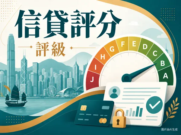 信貸評分與評級示意插圖：維港天際線、信用卡、報告文件及鎖頭；等級儀表由左側紅色J至右側綠色A，指針僅為示意，沒有個人分數或分界數值，右下角標示圖片由AI生成。