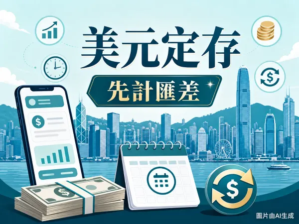 ZA Bank美元定期存款編輯插畫：維港背景、抽象美元紙幣、手機、日曆與匯差比較圖標。