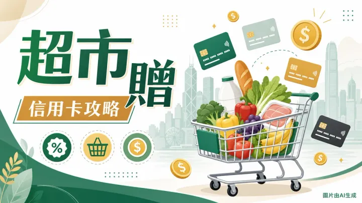 香港超市信用卡回贈攻略封面圖，展示購物車、信用卡和現金回贈元素