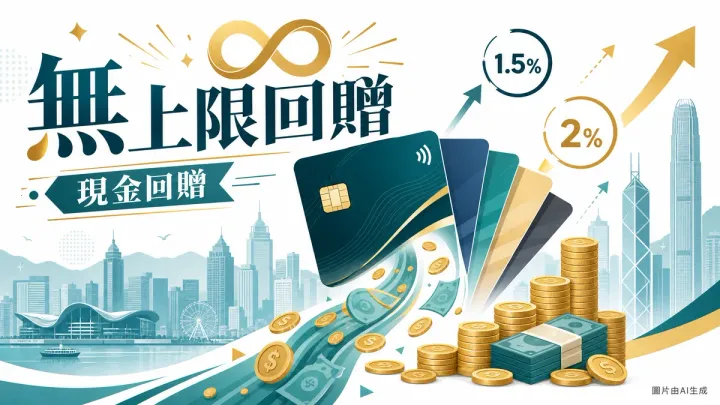 無上限現金回贈信用卡比較2026：多張信用卡與無限符號的平面插圖