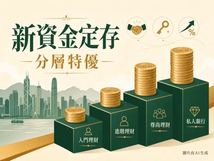 港元新資金定存四分層主題編輯插畫，含維港剪影與分層階梯