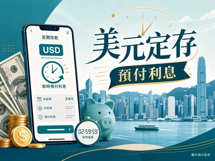 Mox Bank 美元定期存款編輯插畫：維港天際線剪影、美元符號、定存單與預付利息概念圖。