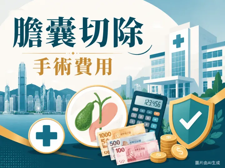 膽囊切除手術費用插圖：香港城市背景、醫院、醫療十字、膽囊器官圖標、計算機、港元鈔票與保險盾牌
