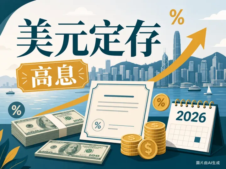 渣打美元定期存款利率比較插圖，香港維港天際線、美元鈔票與2026年月曆