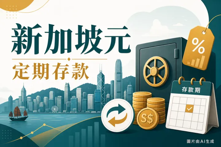 新加坡元定期存款比較插圖：香港天際線、銀行金庫、硬幣、貨幣兌換箭頭與存款期日曆