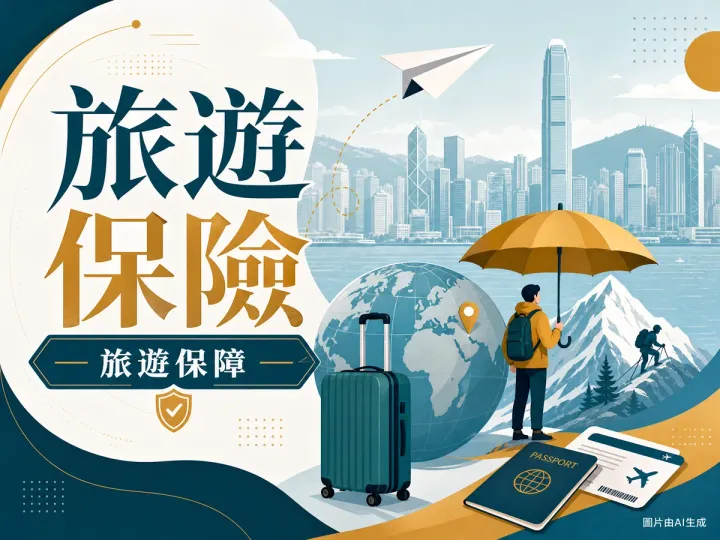 旅遊保險比較的編輯插畫，含飛機、行李箱、地球、保障雨傘與香港維港天際線