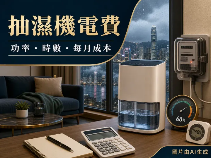 抽濕機電費封面：抽濕機、水箱、濕度計、電錶和計算機