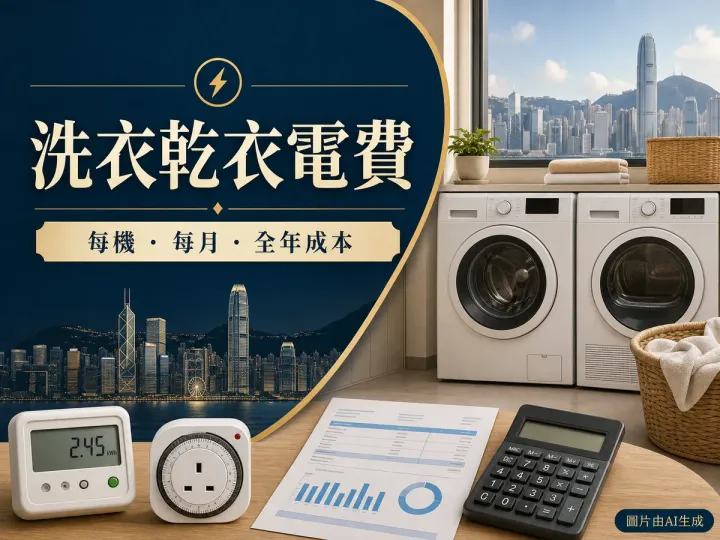 洗衣乾衣電費封面：洗衣機、乾衣機、電錶和計算機