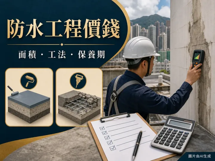 防水工程價錢封面：技師檢查外牆滲水、防水層示意和報價表